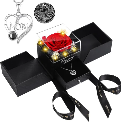 Vista 11 de Collar de rosas reales preservadas azules en caja con texto "I Love You" en 100 idiomas - Regalo único para mujeres, mamá, esposa, novia en el día