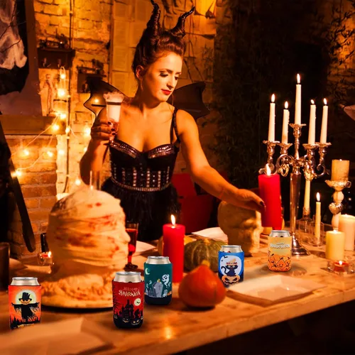 Vista 6 de 12 fundas para latas de Halloween, de 12 onzas, fundas para enfriadores de latas de Halloween, casas encantadas, fantasma, gato negro, calabaza