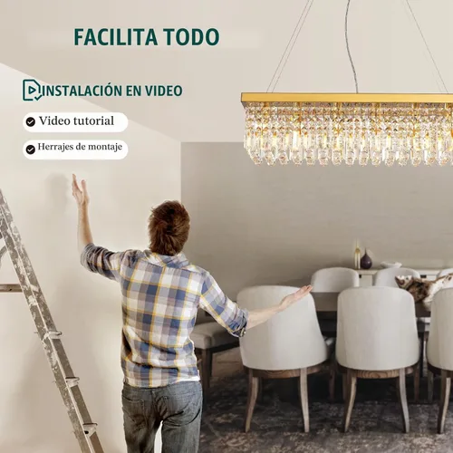 Vista 5 de Siljoy Candelabro de Cristal Moderno de 6 Luces Rectangular Dorado K9 Candelabro de Cristal en Forma de Gota de Lluvia para Comedor, Lámpara