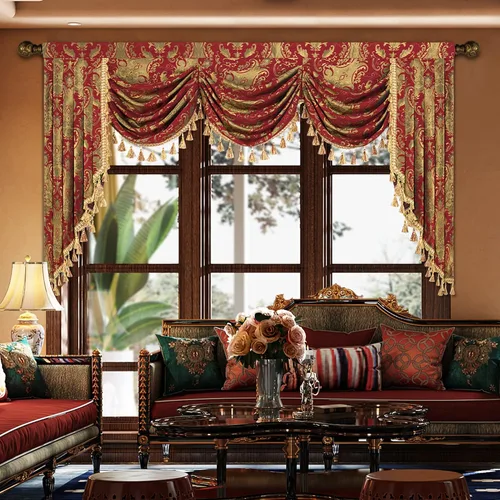 Vista 20 de Loom and Mill Cenefa de cascada de lujo de jacquard para sala de estar, elegantes cenefas de ventana con festones y cuentas damascadas, cortinas