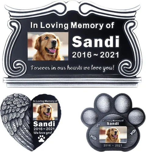 Vista 9 de Piedra sepulcral para mascotas para perros o gatos con placa grabada, piedra conmemorativa para césped y jardín, nombre personalizado y mensaje