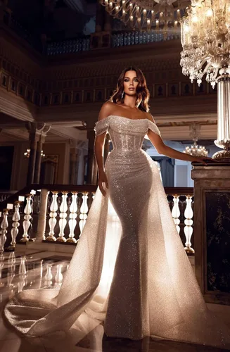 Vista 4 de Cadoly Vestidos de fiesta de sirena con lentejuelas para mujer, vestidos brillantes con hombros descubiertos y vestidos de noche para boda