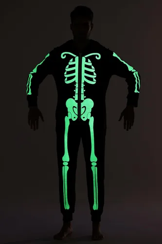 Vista 6 de Veseacky Conjunto de pijamas familiares a juego con diseño de esqueleto que brilla en la oscuridad, overol de Halloween con capucha y cremallera