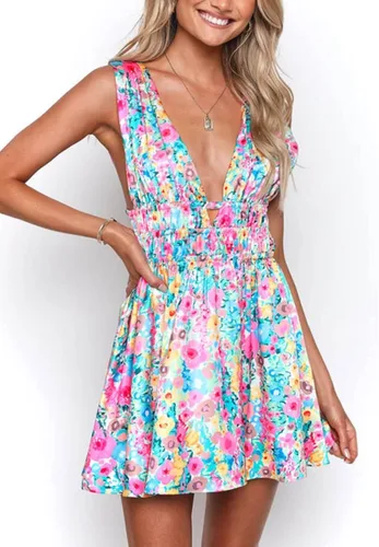 Vista 3 de ROAONOCOMO Vestidos cortos con estampado floral Y2K para mujer vestidos de tirantes delgados vestidos retro sin espalda vestidos de fiesta sexy