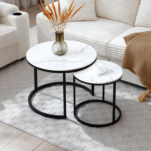 Vista 8 de Mesa auxiliar redonda pequeña, moderna mesa auxiliar anidable de madera para sala de estar, sin montaje, color beige S1-beige