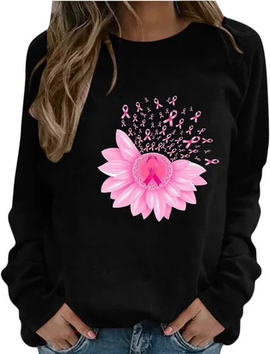 Vista 2 de Breast Cancer Awareness Shirts for Women Pink Ribbon Floral Crewneck Sweatshirt Loose Fit Tops Fall Outfits 2024