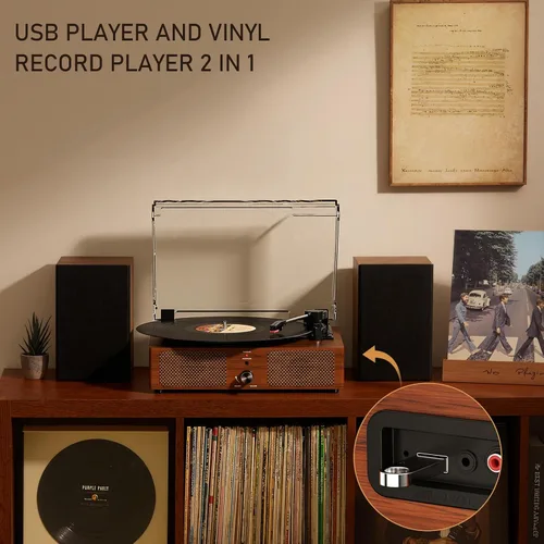 Vista 3 de Tocadiscos de vinilo con receptor Bluetooth integrado y 2 altavoces estéreo, 3 velocidades y 3 tamaños, tocadiscos retro portátil para Amarillo