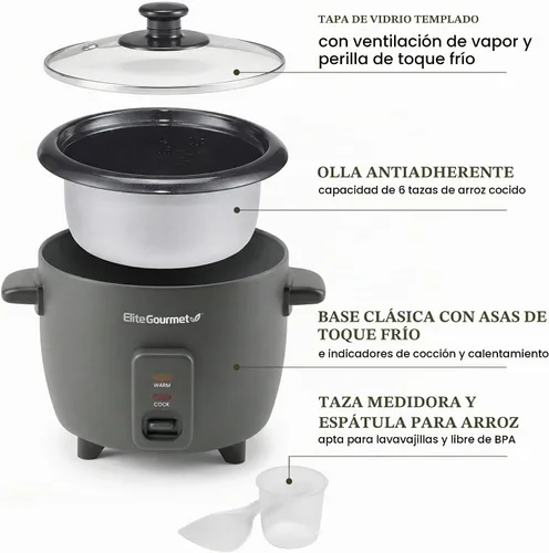 Vista 5 de Elite Gourmet ERC6GC - Arrocera de cerámica, sin PFAS, antiadherente, color Gris oscuro