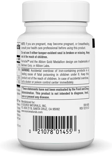 Vista 4 de Source Naturals Ferrochel avanzado, 90 comprimidos veganos Suplemento de hierro biodisponible Producción de 27 mg de hierro Suave