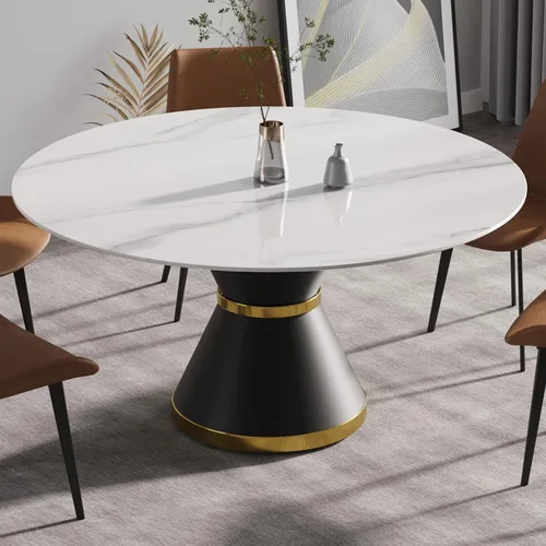 Vista 11 de Mesa de comedor moderna de 53 pulgadas, mesa de comedor de piedra sinterizada con base de acero al carbono negro, mesa de comedor redonda de 53