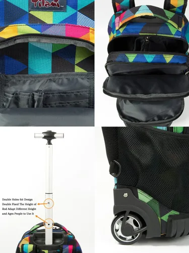 Vista 5 de Tilami Mochila rodante Armadura Equipaje Escuela Libro de Viaje Portátil 18 Pulgadas Mochila con Ruedas Multifunción Estudiantes, Azul geométrico