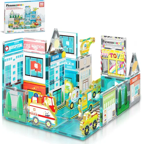 Vista 10 de PicassoTiles - Juego de 38 piezas de bloques de construcción con azulejos magnéticos, tema de dinosaurios, con 8 figuras de acción magnetizadas