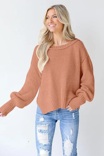 Vista 4 de Suéteres casuales de gran tamaño para mujer, manga larga de murciélago, cuello redondo, grueso, acanalado, suéter suelto, liso, con abertura lateral