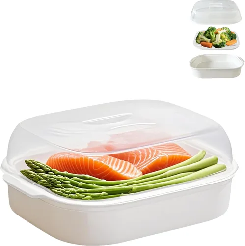 Vista 9 de Vaporizador de microondas para verduras, vaporizador de verduras de plástico con tapa para preparación de verduras, mariscos, pescado, cocina