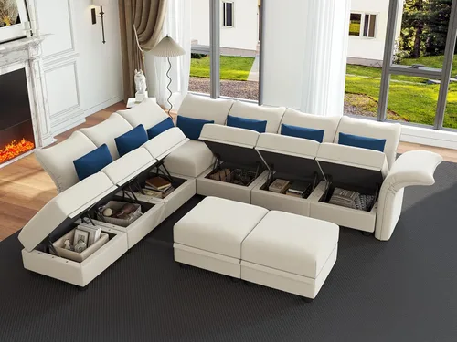 Vista 3 de LLappuil Sofá modular modular en forma de L con diván reversible convertible de 5 plazas con almacenamiento para sala de estar, color blanco