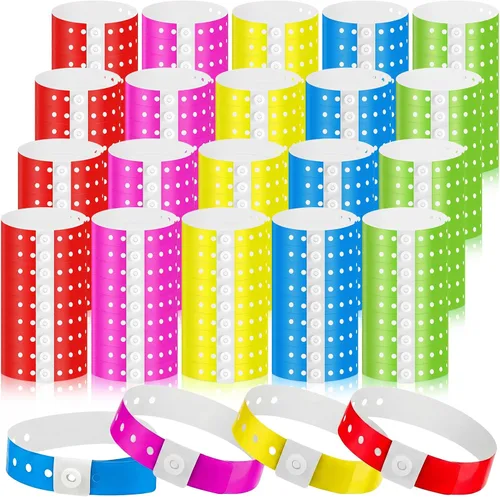 Vista 9 de 600 pulseras de plástico para eventos, vinilo, colores surtidos Adjustable Snap, Bulk Waterproof Neon Colored Arm Bands, For Admission Pools