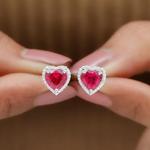 Vista 7 de 3.5 CT Lab Created Ruby and Moissanite Earrings, Created Ruby Stud Earrings with Moissanite Halo, Created Ruby Heart Stud Earrings, 14K Solid Gold