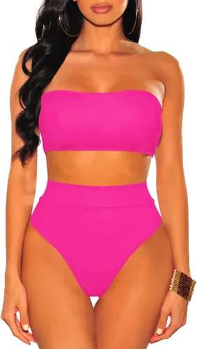 Vista 2 de Pink Queen - Traje de baño de dos piezas para mujer, de talle alto, atrevido, con tirantes y relleno removible para el busto