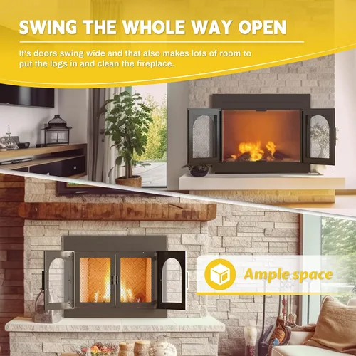 Vista 3 de TOCRETOARE Puerta de chimenea, puertas de lugares de fuego con pantalla y decoración de vidrio, protector de malla de hierro para chimeneas