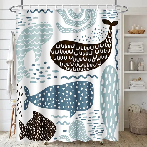 Vista 5 de Emvency Cortina de ducha náutica animal marino para niños, ballena, pulpo, pez, impermeable, tela de poliéster, 60 x 72 pulgadas, juego con ganchos