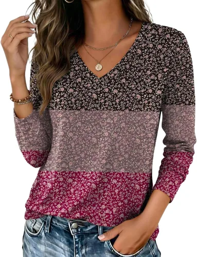 Vista 27 de Zeagoo Camisas de manga larga para mujer, cuello en V, casual, básica Rosa