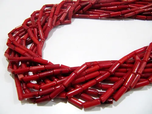 Vista 3 de Cuentas de coral rojo perforadas largas de calidad muy agradable, cuentas de coral rojo fuego en forma de tubo, tamaño 0.157 x 0.315 in disponible