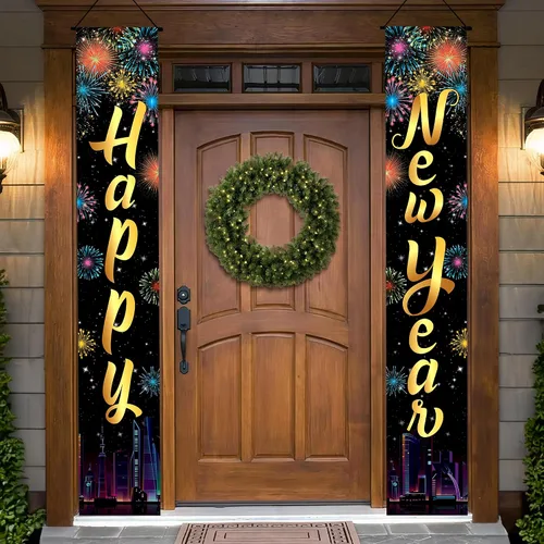 Vista 11 de KatchOn XtraLarge Pancarta de Feliz Año Nuevo 2026 – 72 x 12 pulgadas Pancarta de puerta de Feliz Año Nuevo negra y dorada para decoraciones