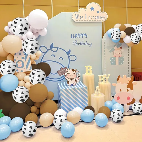 Vista 6 de Kit de arco de guirnalda de globos de vaca de 150 piezas, diseño de vaquera, azul, blanco, marrón, estampado de vaca, globos de animales de granja
