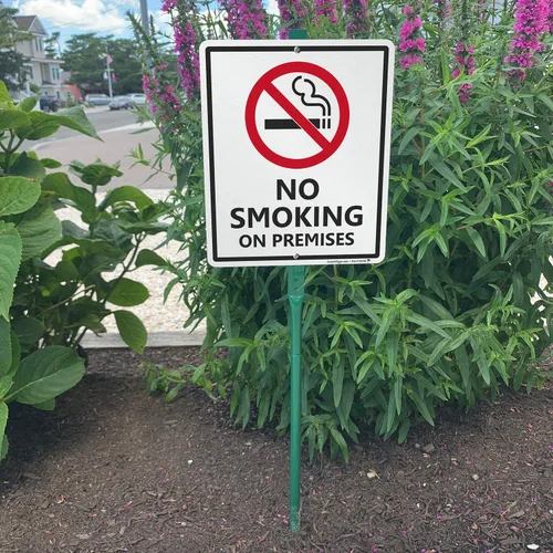 Vista 5 de SmartSign Letrero LawnBoss® "No Smoking on Premises" Letrero de aluminio de 10 x 12 pulgadas con estaca de 3 pies