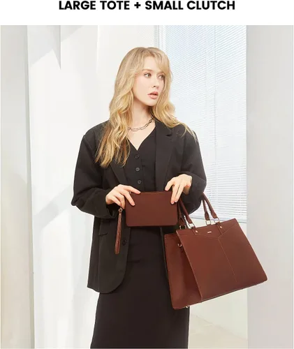 Vista 3 de LOVEVOOK Bolsa de mano para laptop para mujer, bolsa de trabajo de cuero para negocios, oficina, maletín para computadora con pequeño clutch, apto