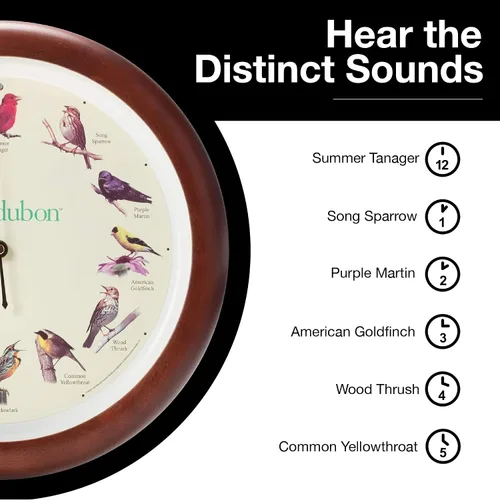 Vista 4 de Mark Feldstein, Audubon - Reloj de pared con diseño de pájaro cantante, 13 pulgadas, cereza prémium