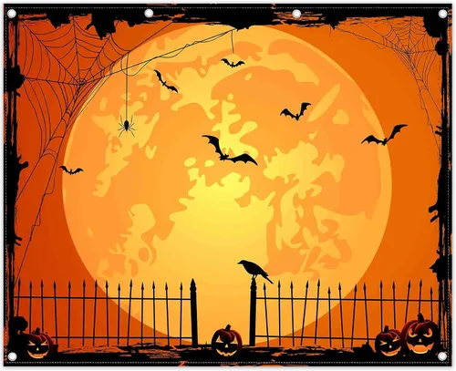 Vista 15 de Fondo de fotos de Halloween naranja de 7 x 5 pies para fiestas, parche grande de calabaza, luna, fotografía, fondo, bruja para niños, decoración