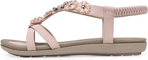 Vista 6 de SHIBEVER - Sandalias planas para mujer, lindas y cómodas, con correa de tobillo, estilo bohemio, elegante, zapatos planos de verano