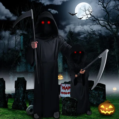 Vista 6 de Disfraz de la muerte para niños y adultos con ojos rojos brillantes y guadaña, disfraces de Halloween aterradores de muerte para niños y adultos