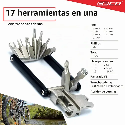 Vista 3 de CECO USA Herramienta de bicicleta de 17 funciones con rompedor de cadena, multiherramienta para bicicleta, ultra delgada, tamaño de bolsillo