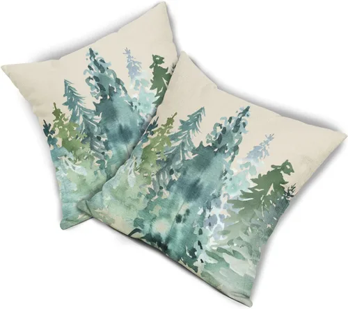 Vista 8 de Juego de 2 fundas de almohada de árbol de acuarela de invierno de 16 x 16 pulgadas, color azul y verde, estilo rústico, estampado de bosque natural