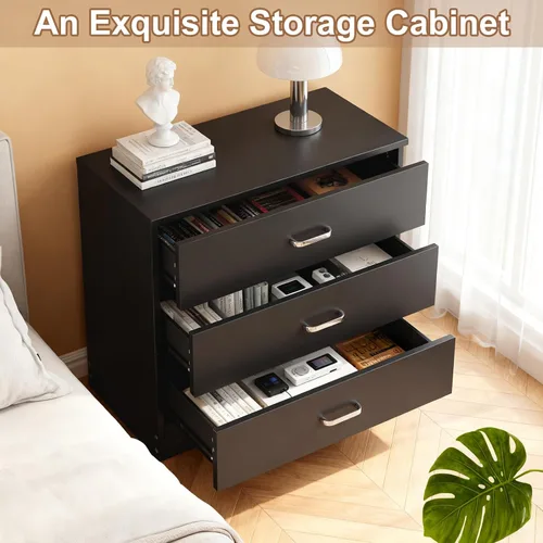 Vista 7 de Vasitelan Cómoda de madera con 3 cajones, cómoda de almacenamiento moderna, mesita de noche de madera para dormitorio, sala de estar (negro)