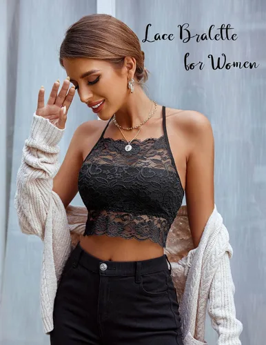 Vista 3 de Avidlove Bralette de encaje para mujer, camisolas de cuello alto, espalda cruzada, top corto de doble capa