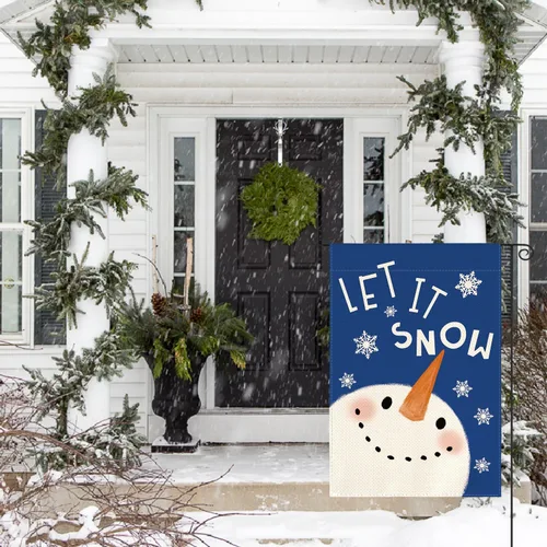 Vista 3 de AVOIN colorlife Azul Deja Que Nieve Muñeco de Nieve Copo de Nieve Bandera de Jardín 12 x 18 Pulgadas de Doble Cara, Bandera Decorativa de Navidad