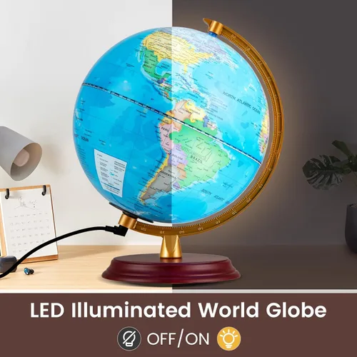 Vista 2 de Goplus Globo del mundo iluminado de 8 pulgadas, lámpara de globo iluminado de noche con soporte de madera y mapa HD para adultos, oficina en casa