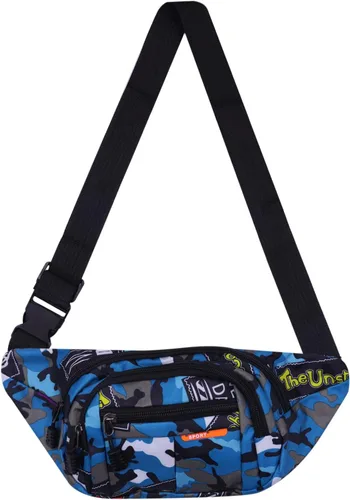 Vista 4 de AIBEARTY Riñonera para niños pequeños, de camuflaje, con correa ajustable, para deportes, correr, campamento, viajes, B-AZUL