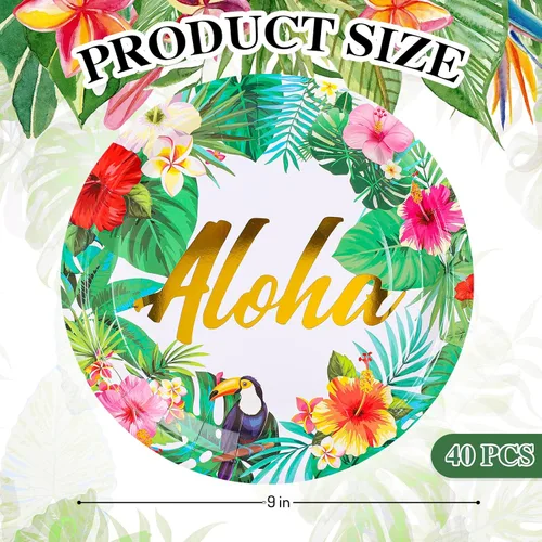 Vista 2 de Whaline Platos de papel, desechables de 9 pulgadas, diseño tropical hawaiano Luau, 40 unidades, fiesta de verano, baby shower, decoraciones