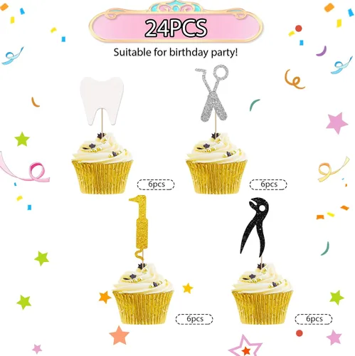 Vista 3 de 24 adornos para cupcakes para dentistas, decoración de pasteles de felicitaciones para dentistas, decoraciones de pastel con purpurina blanca