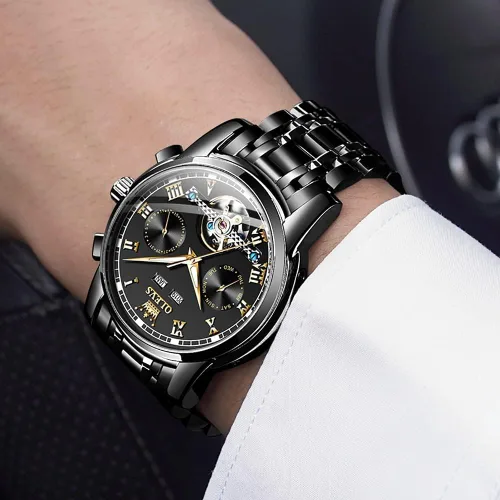 Vista 4 de OLEVS Relojes de cuerda automática para hombre, reloj de pulsera mecánico con diseño de esqueleto Tourbillon, relojes automáticos de acero