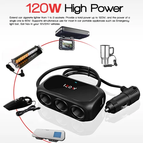 Vista 4 de Adaptador divisor de encendedor de cigarrillos de coche de 3 enchufes, 2 extensores USB [120W] [12V/24V] [cargador de coche dual USB de 3.1 A]