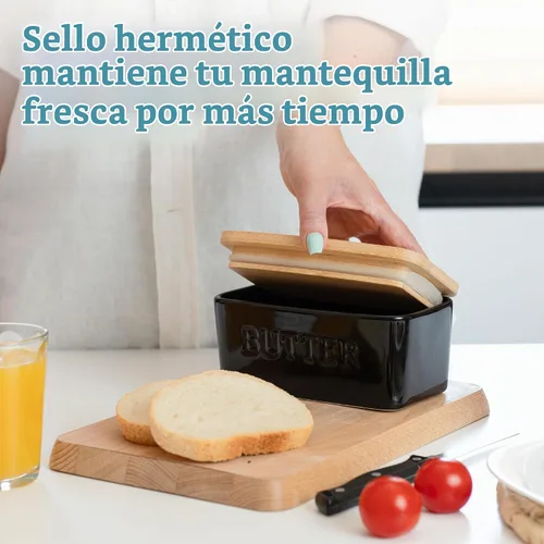 Vista 2 de PriorityChef Plato de Mantequilla Extra Grande con Tapa para Encimera, Envase de Mantequilla de Cerámica con Cubierta Hermética, Soporte de Negro