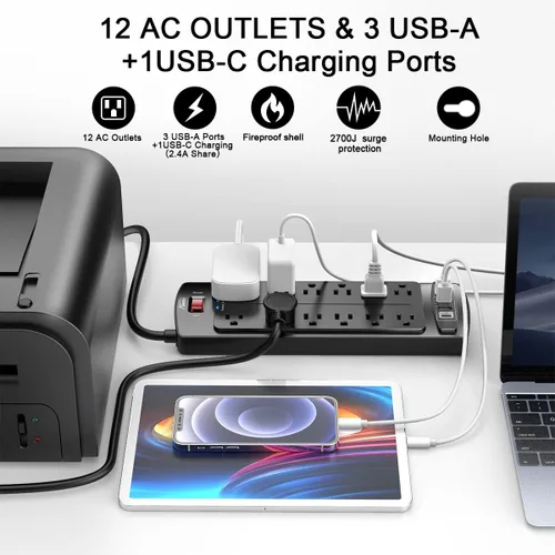 Vista 2 de ALESTOR - Regleta de enchufes con protector contra sobretensiones, 12 tomas de corriente y 4 puertos USB, cable de extensión de 6 pies