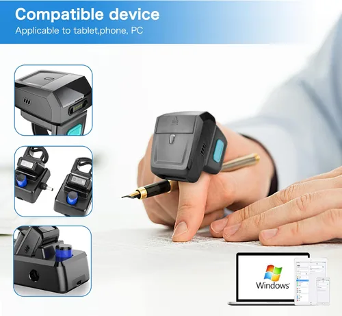Vista 2 de NETUM Escáner de código de barras con anillo QR 2D Bluetooth, mini lector de códigos de barras portátil con base de carga y memoria incorporada