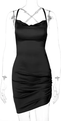 Vista 6 de JUMISEE Minivestido de satén fruncido con cordones para mujer sexy sin espalda tirantes delgados vestido de fiesta para cóctel club