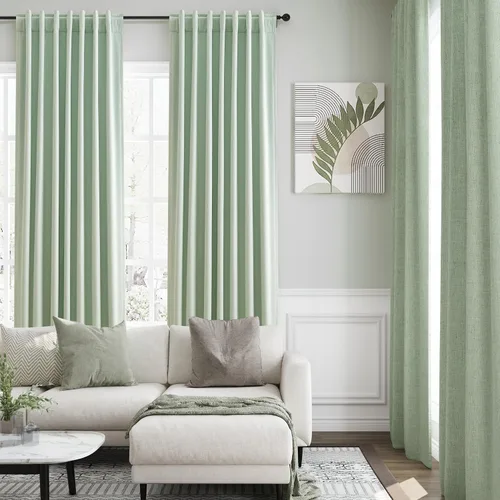 Vista 8 de Cortinas de lino 100% opacas para dormitorio, 102 pulgadas de largo, con pestaña trasera, bolsillo para barra, paneles acústicos con aislamiento